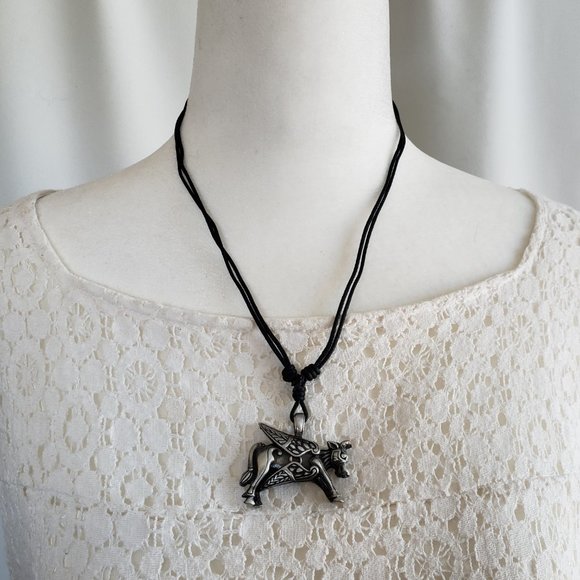 CELTIC SPIRIT Irish pewter Celtic Ox Cow corded necklace. 18" - 36" adjustable - Picture 2 of 10